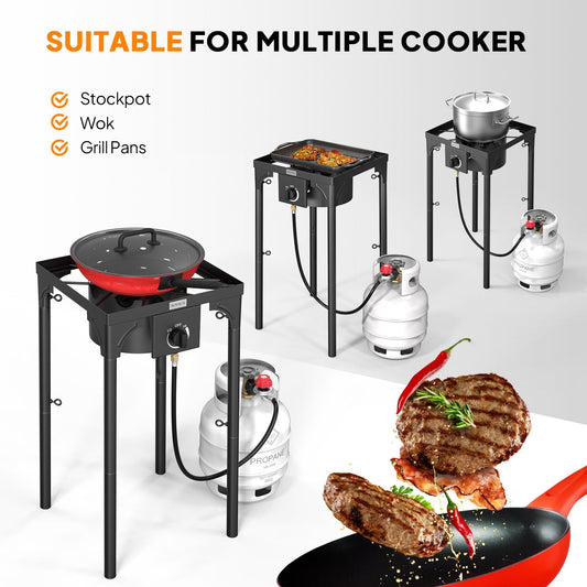 High Pressure Propane Burner Stove 100,000-225,000 BTU - Heavy Duty Cast Iron Outdoor Camp Cooker with Detachable Legs, CSA Listed Regulator, 1 or 3 Burner for Camping, Tailgating & Brewing