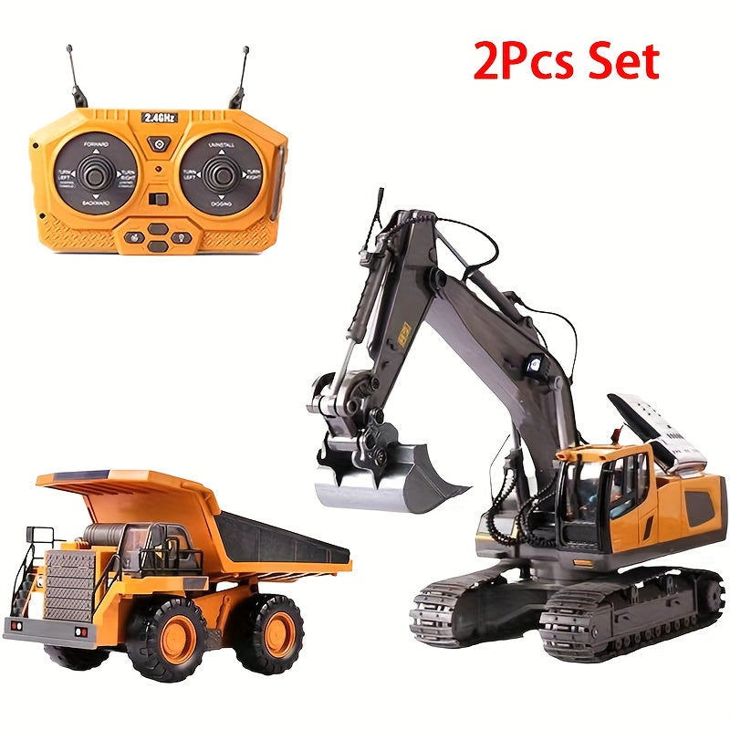 Remote Control Excavator Toy Set with Metal Shovel LED Lights 1200mAh Battery RC Construction Truck Bulldozer Dump Truck Loader Combo for Boys Ages 6 and Up Birthday Christmas Gift