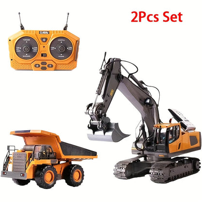 Remote Control Excavator Toy Set with Metal Shovel LED Lights 1200mAh Battery RC Construction Truck Bulldozer Dump Truck Loader Combo for Boys Ages 6 and Up Birthday Christmas Gift