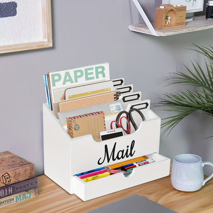 Large Solid Wood Desktop Mail Organizer with Drawer and 4 Compartments Labelable Dividers for Files Letters Paper Folders Desk Organizer for Home Office Students and Professionals
