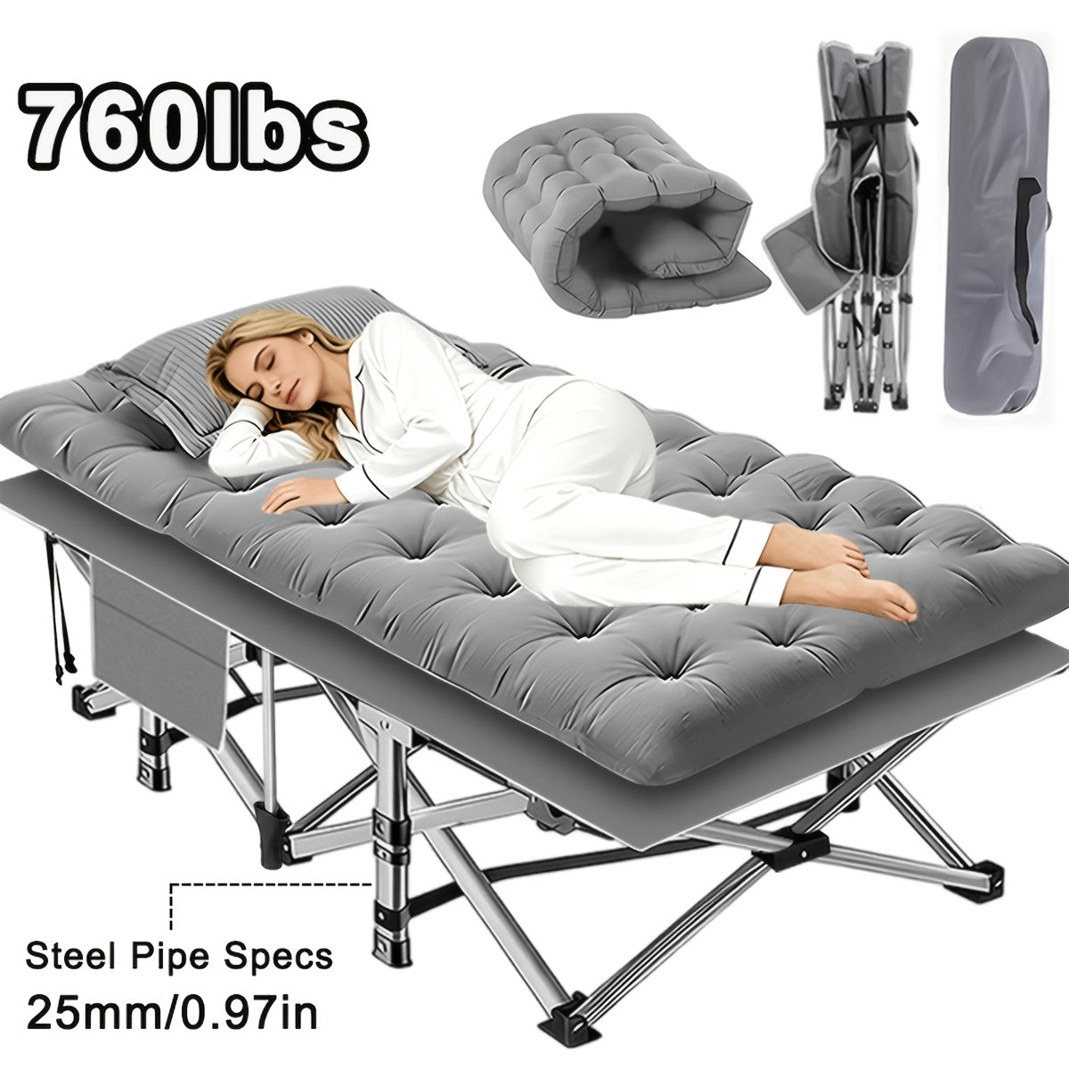 Folding Camping Bed with Mattress & Side Pockets – Heavy Duty Portable Cot for Adults, Foldable Guest Bed for Camping Outdoor Courtyard Terrace Office Guest Room