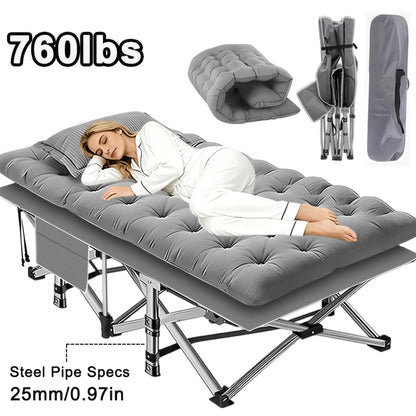 Folding Camping Bed with Mattress & Side Pockets – Heavy Duty Portable Cot for Adults, Foldable Guest Bed for Camping Outdoor Courtyard Terrace Office Guest Room