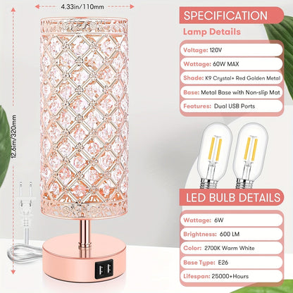 Crystal Touch Table Lamp 3-Way Dimmable with 2 USB Charging Ports LED Bulb Included Decorative Bedside Nightstand Light for Bedroom Living Room Office – Antique Bronze Rose Gold Silver