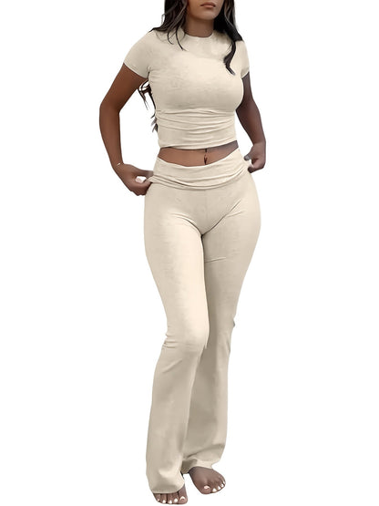 Women's Two-Piece Outfit Set - Slim Fit Short Sleeve Crew Neck T-Shirt & Skinny Flared Leg Pants, Casual Solid Color Matching Loungewear Tracksuit for Everyday Streetwear, Sizes XS-XL