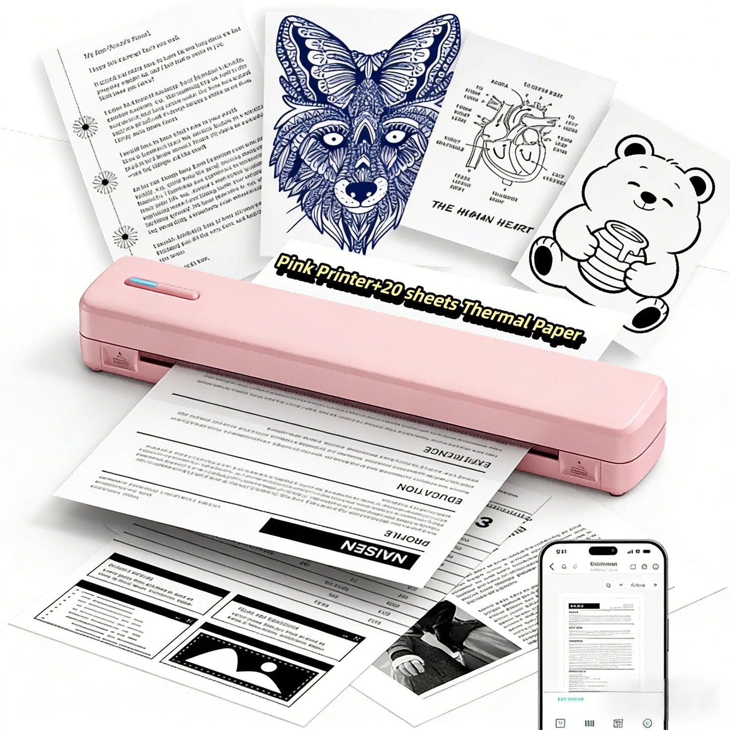 Portable Wireless Thermal Printer A4 Inkless – Compact Travel Printer for iPhone Android Laptop – Supports Letter Folding Roll & Tattoo Transfer Paper – Home Office School