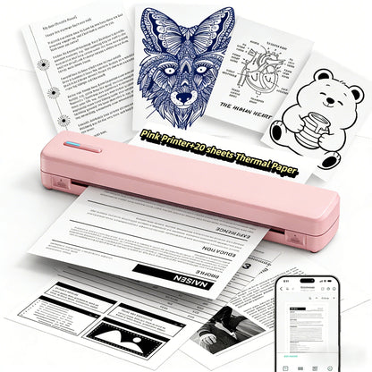 Portable Wireless Thermal Printer A4 Inkless – Compact Travel Printer for iPhone Android Laptop – Supports Letter Folding Roll & Tattoo Transfer Paper – Home Office School