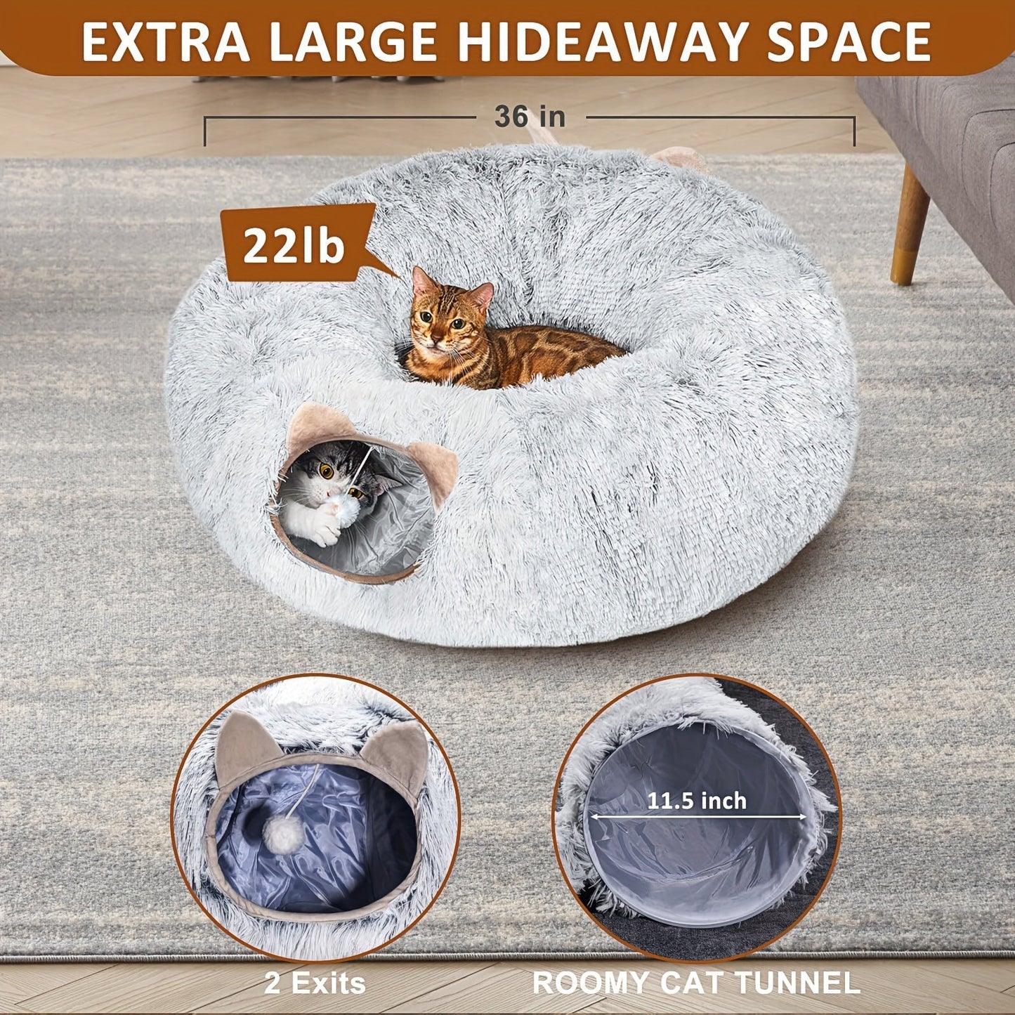 Cat Tunnel with Bed & Donut Peep Hole – Soft Plush Indoor Cat Toy, Multi-functional Hideout & Amusement Park for Cats, Kittens & Rabbits, Includes Pet Scarf, Small Medium Large