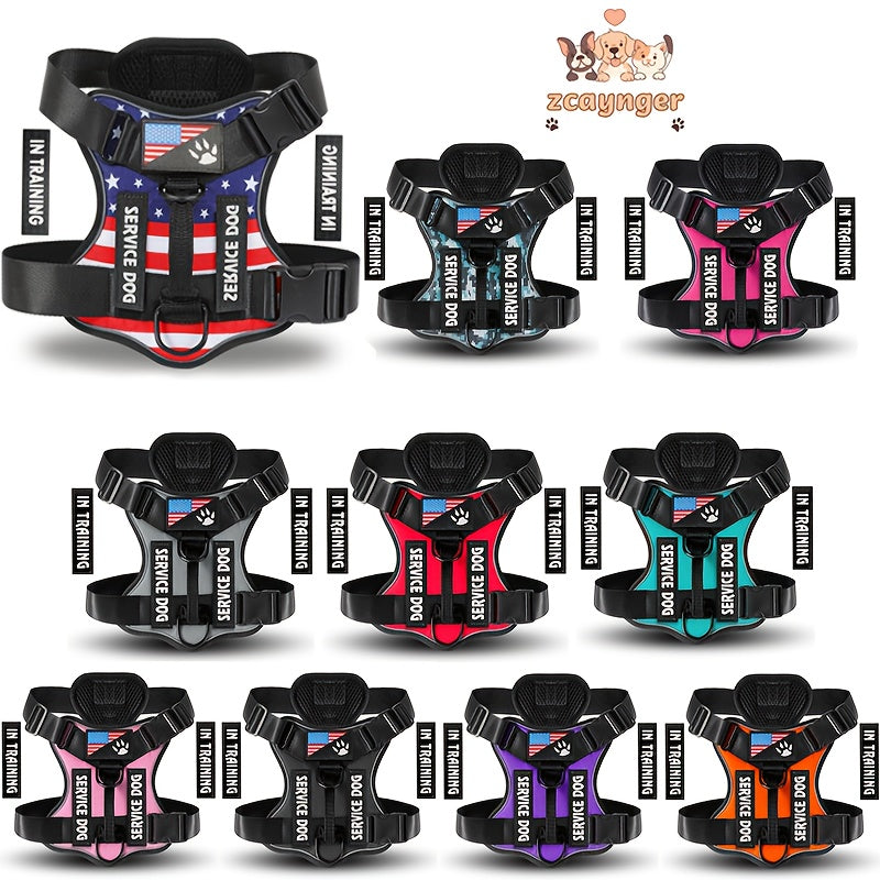 No-Pull Dog Harness Set Reflective Vest with 5 Patches – Adjustable Soft Oxford Mesh Service Dog Harness Front & Back Clip for Small Medium Large Dogs XS to XL