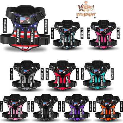 No-Pull Dog Harness Set Reflective Vest with 5 Patches – Adjustable Soft Oxford Mesh Service Dog Harness Front & Back Clip for Small Medium Large Dogs XS to XL