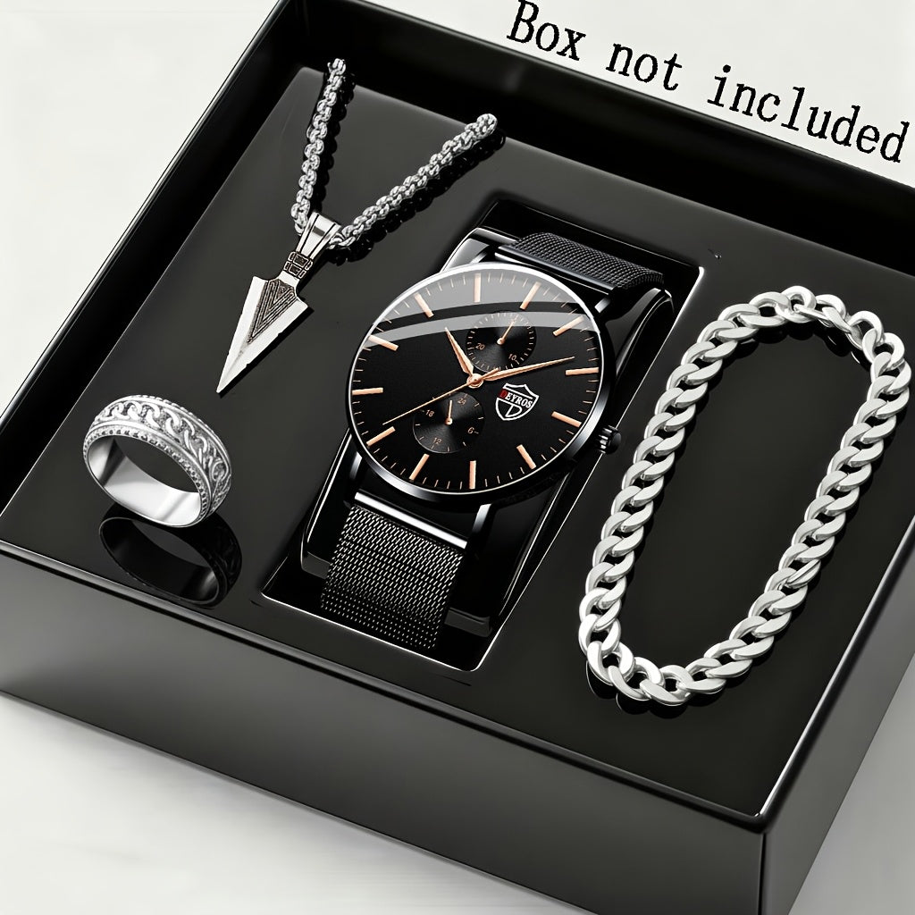 4-Piece Men's Quartz Watch and Bracelet Gift Set - Elegant Alloy Case Round Dial Sports Casual & Business Wristwatches with Matching Bracelet for Everyday Wear, Birthdays & Anniversaries