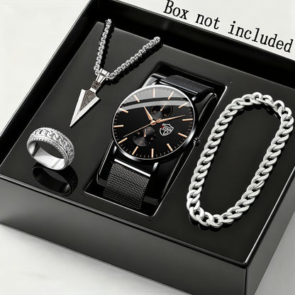 4-Piece Men's Quartz Watch and Bracelet Gift Set - Elegant Alloy Case Round Dial Sports Casual & Business Wristwatches with Matching Bracelet for Everyday Wear, Birthdays & Anniversaries