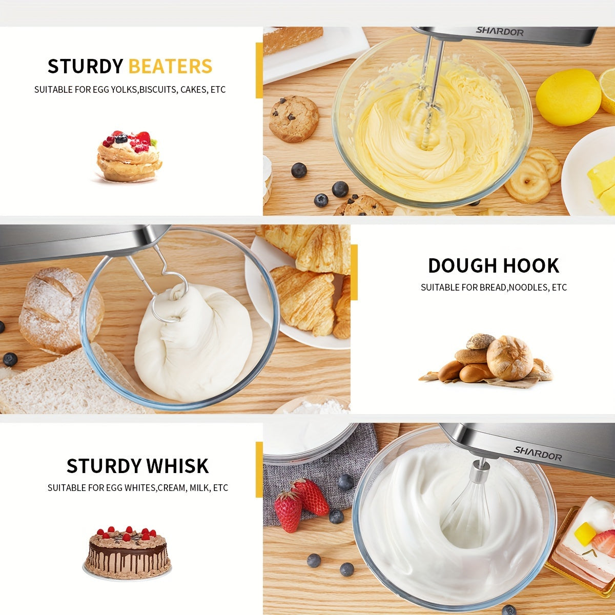 Electric Hand Mixer 5-Speed Plus Turbo with Storage Case & 5 Stainless Steel Attachments - 2 Beaters, 2 Dough Hooks, 1 Whisk, Handheld Kitchen Mixer for Baking, Silver