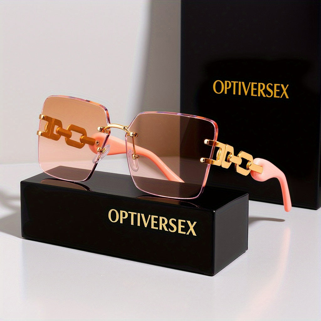 Oversized Square Sunglasses for Women – UV400 Gradient Lenses, Gold-Tone Metal Chain Temples, 4 Colors, Includes Portable Case & Cleaning Cloth