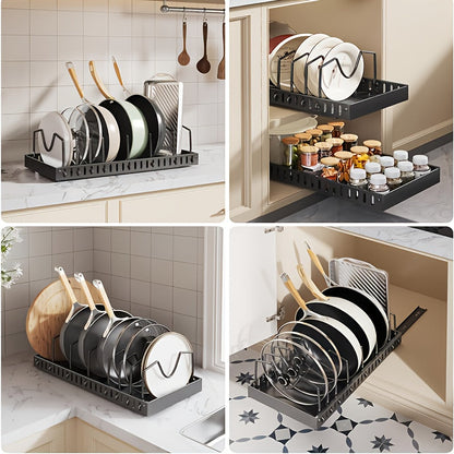 Pull Out Pot & Pan Organizer Rack for Under Cabinet – Slide Out Lid Holder with 8 Adjustable Compartments, Drill-Free Install, Kitchen Cabinet Cookware & Baking Sheet Organizer – 1pc or 2pcs