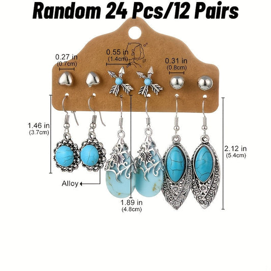 12 Pairs Boho Turquoise Drop Earrings Set for Women – Vintage Bohemian Leaf Heart Dangle Earrings, Perfect Holiday Gift for Girls & Women Daily Wear