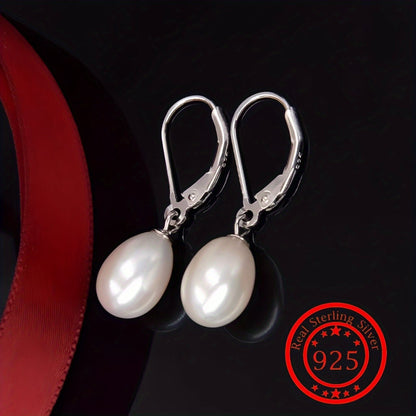 925 Sterling Silver Freshwater Pearl Drop Earrings Elegant French Style Dangle with Lobster Clasp for Women Wedding Bridal Gift Valentine's Day