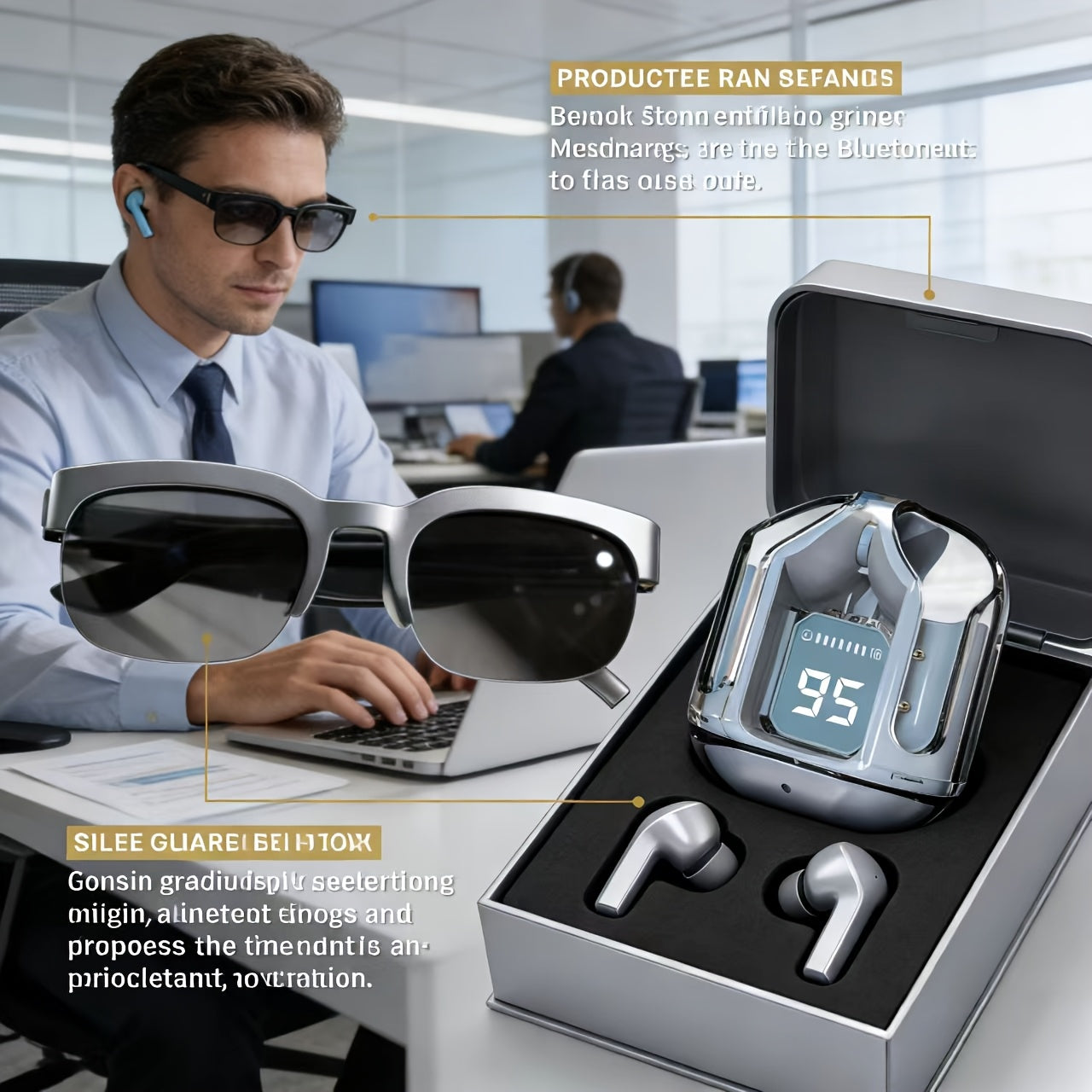 AI Translation Smart Glasses with Wireless Headphones Real-Time Multi-Language Translator Built-in Microphone Music Audio Glasses Rechargeable Sports Wearable Tech for Travel Business