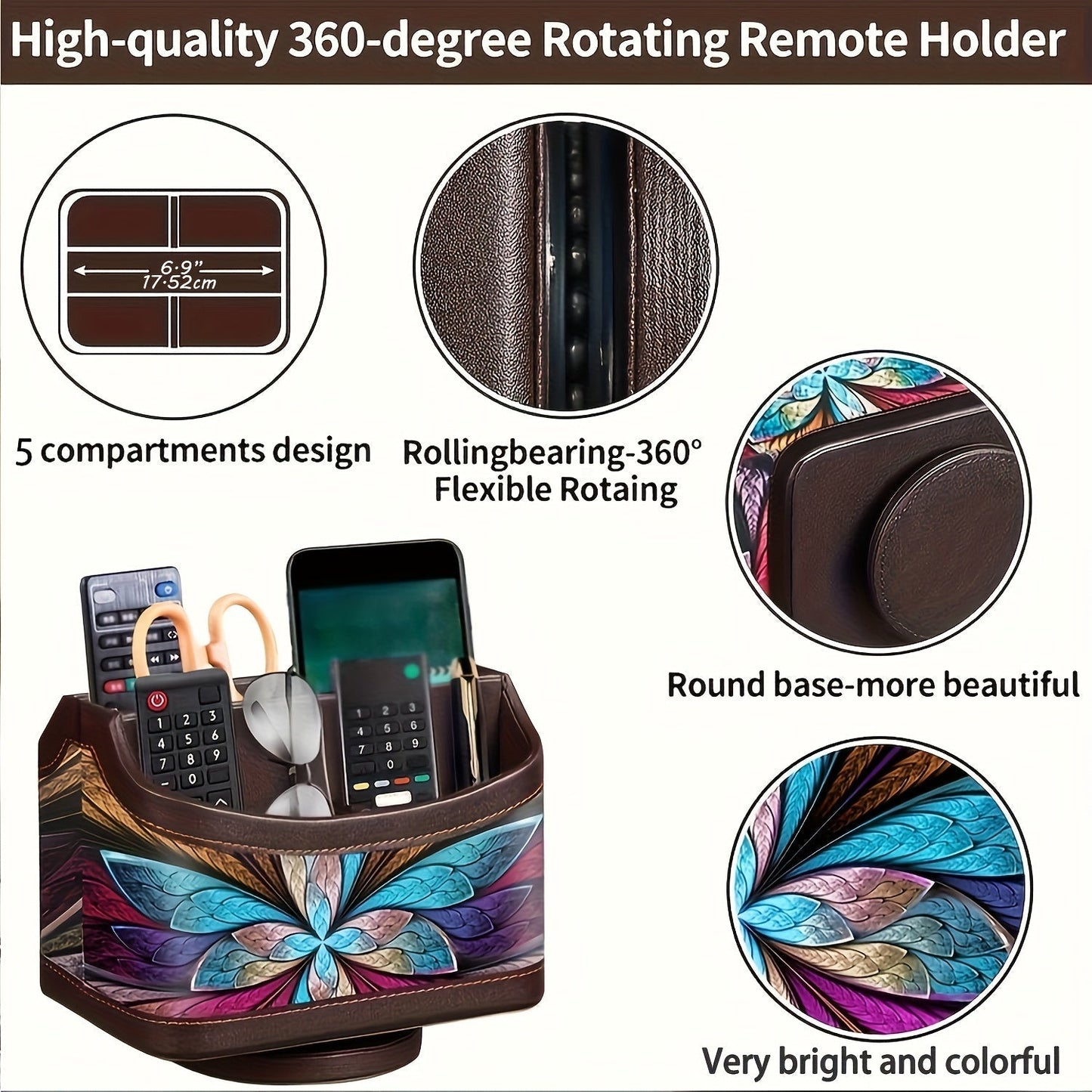 360° Swivel Remote Control Holder – 5-Compartment PU Leather Desk Organizer for TV Remotes, Phones, Eyeglasses, Pens & Office Accessories, Rotating Desktop Storage Caddy