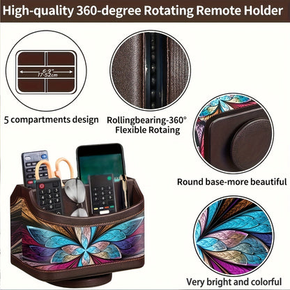 360° Swivel Remote Control Holder – 5-Compartment PU Leather Desk Organizer for TV Remotes, Phones, Eyeglasses, Pens & Office Accessories, Rotating Desktop Storage Caddy