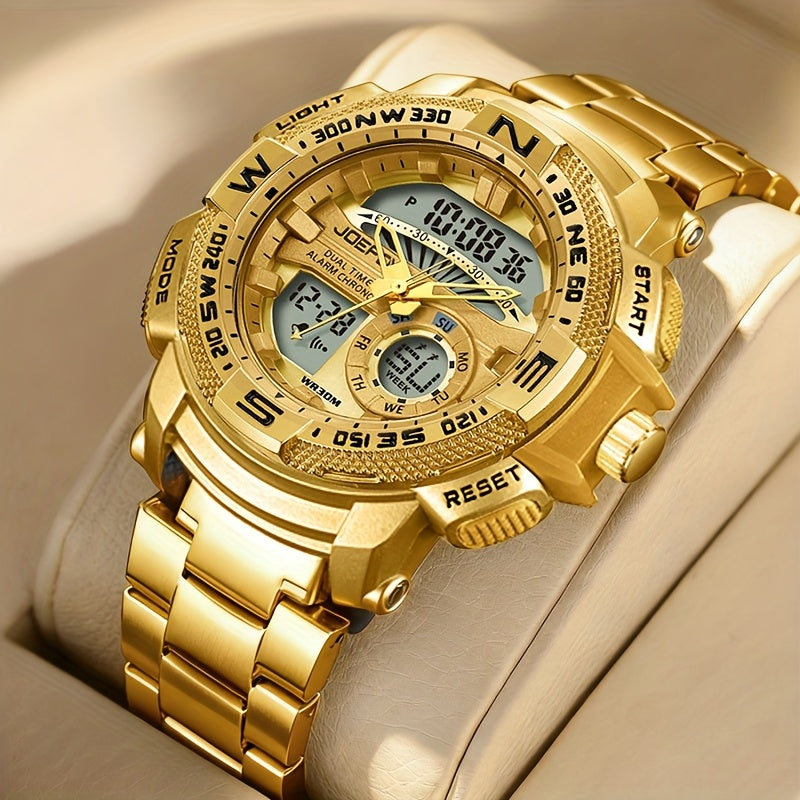 Men's Dual Display Sport Watch – Large Face LED Night Light, 3ATM Waterproof, Chronograph, Alarm & Calendar, Field Style Wristwatch in Gold & Silver