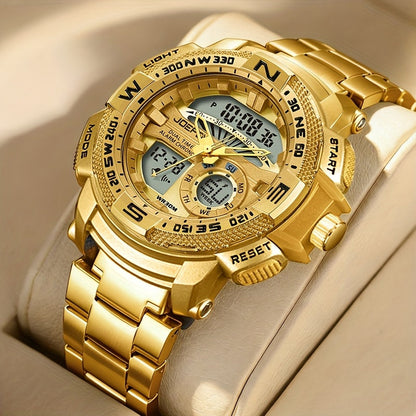 Men's Dual Display Sport Watch – Large Face LED Night Light, 3ATM Waterproof, Chronograph, Alarm & Calendar, Field Style Wristwatch in Gold & Silver