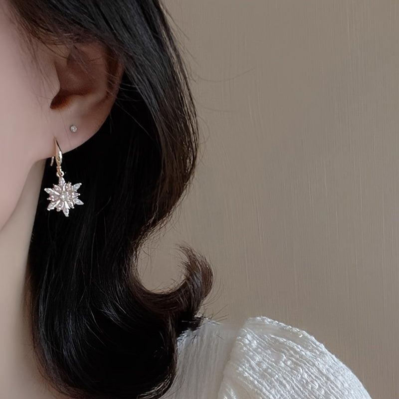 S925 Sterling Silver Pink Glass Snowflake Earrings – Elegant Romantic Dangle Earrings for Women, Festive Holiday Jewelry, Casual Daily Wear, Christmas Valentine Birthday Gift for Girlfriend