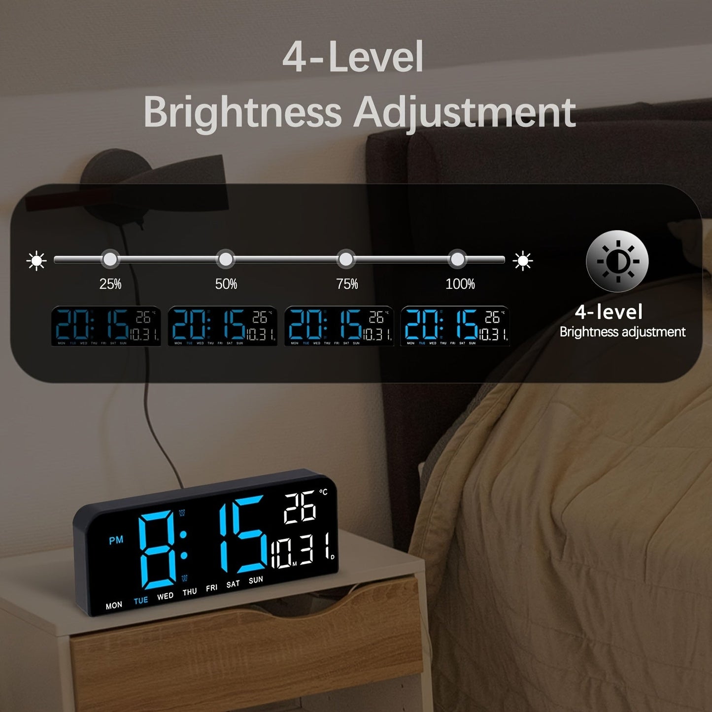 Large Screen LED Alarm Clock 15 Inch Auto-Dimming with Remote Control | Digital Clock Time Date Week Temperature Humidity Timer | Bedroom Bedside Senior-Friendly Living Room Office Desk