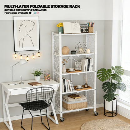 Heavy Duty Folding Storage Rack with Wheels – 3/4/5-Tier Portable Floor-Standing Shelf, No Assembly Required, for Home, Office, Bedroom & Dorm, 4 Colors Available