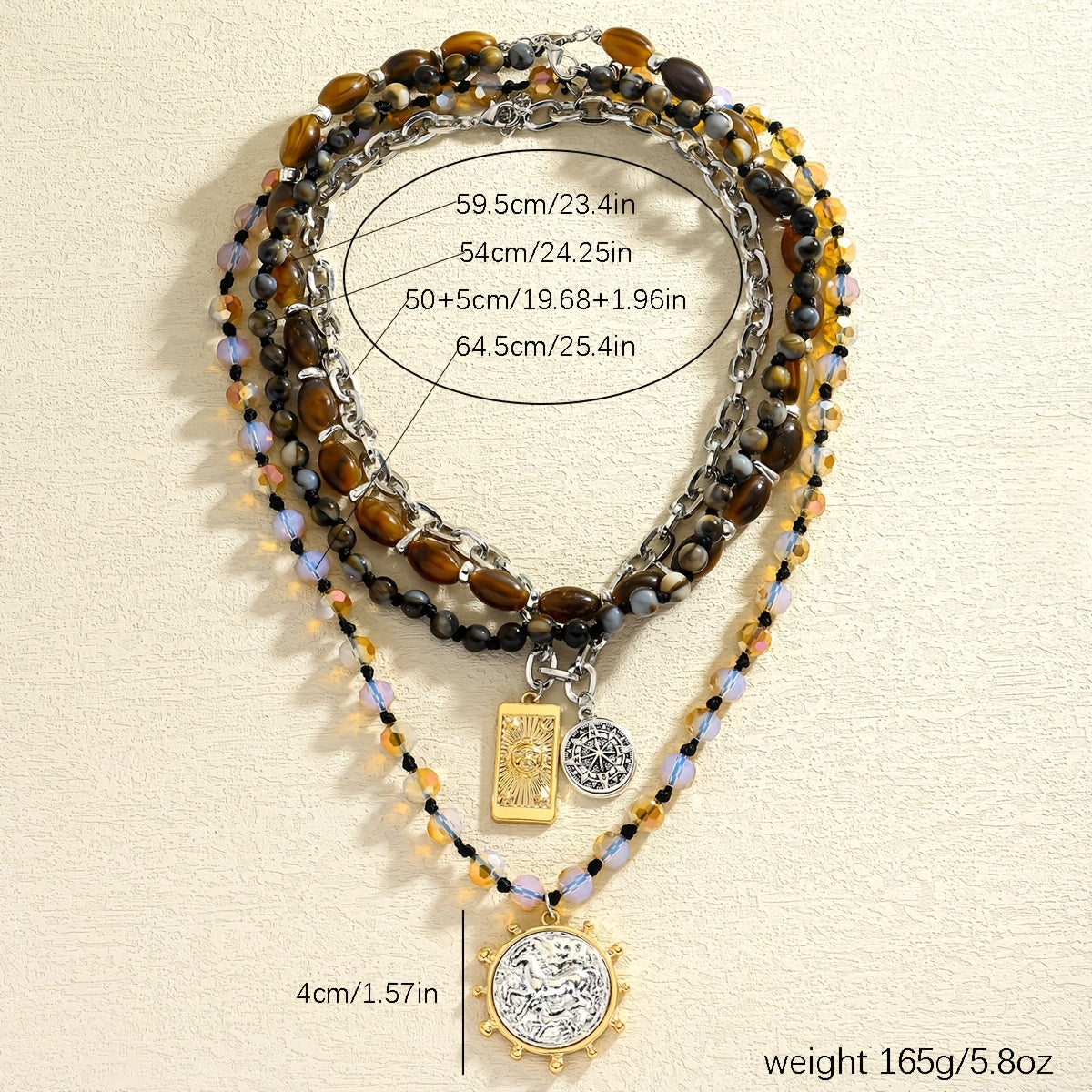 Boho Multi-Layer Tiger's Eye Beaded Necklace for Women – Vintage Nautical Compass Pendant Stackable Layered Clavicle Chain, Bohemian Statement Jewelry for Daily Party Vacation Gift