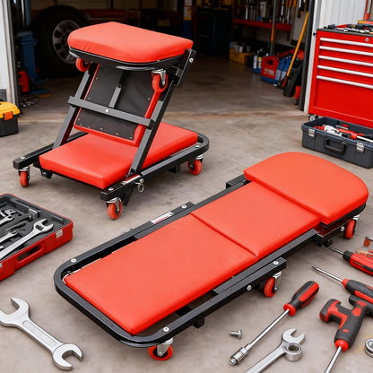 Mechanic Creeper Stool Z-Shape | Foldable 3-in-1 Crawler, Non-Foldable & Sliding Stool | 300LB Capacity, 6 Swivel Casters, Thick Padded Cushion – Garage Rolling Seat, Gift for Men – Red & Grey