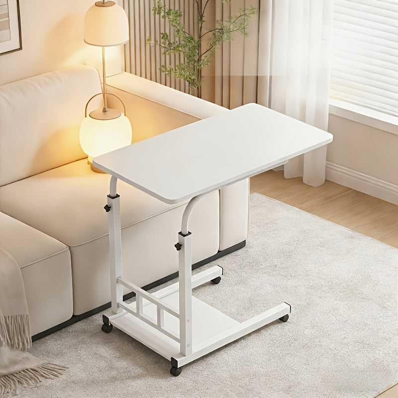 Height Adjustable Rolling Laptop Table with 4 Wheels & Dual Shelves – Mobile Workstation Desk for Bedside Dorm Office Living Room, Sturdy Steel Frame Space-Saving Design