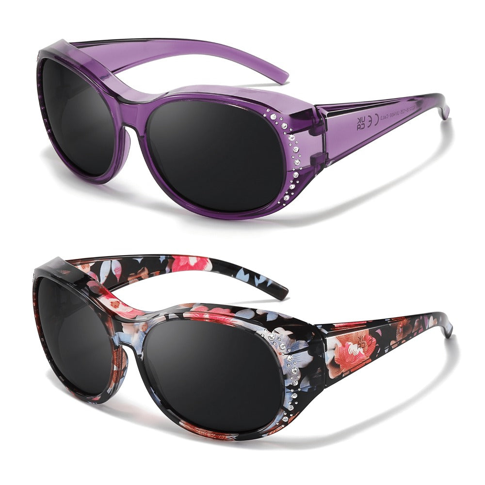 2-Pack Women's Polarized Fit Over Glasses for Prescription Eyeglasses – Rhinestone Accent Wraparound Sunglasses, Anti-Glare Polarized Lenses, No Adapter Needed, Multiple Color Options