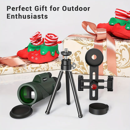 10x42 HD Monocular Telescope with Phone Adapter & Tripod – FMC Lens Compact Scope for Bird Watching, Wildlife, Hiking, Camping, Concerts & Sports – Black & Green, Christmas Gift