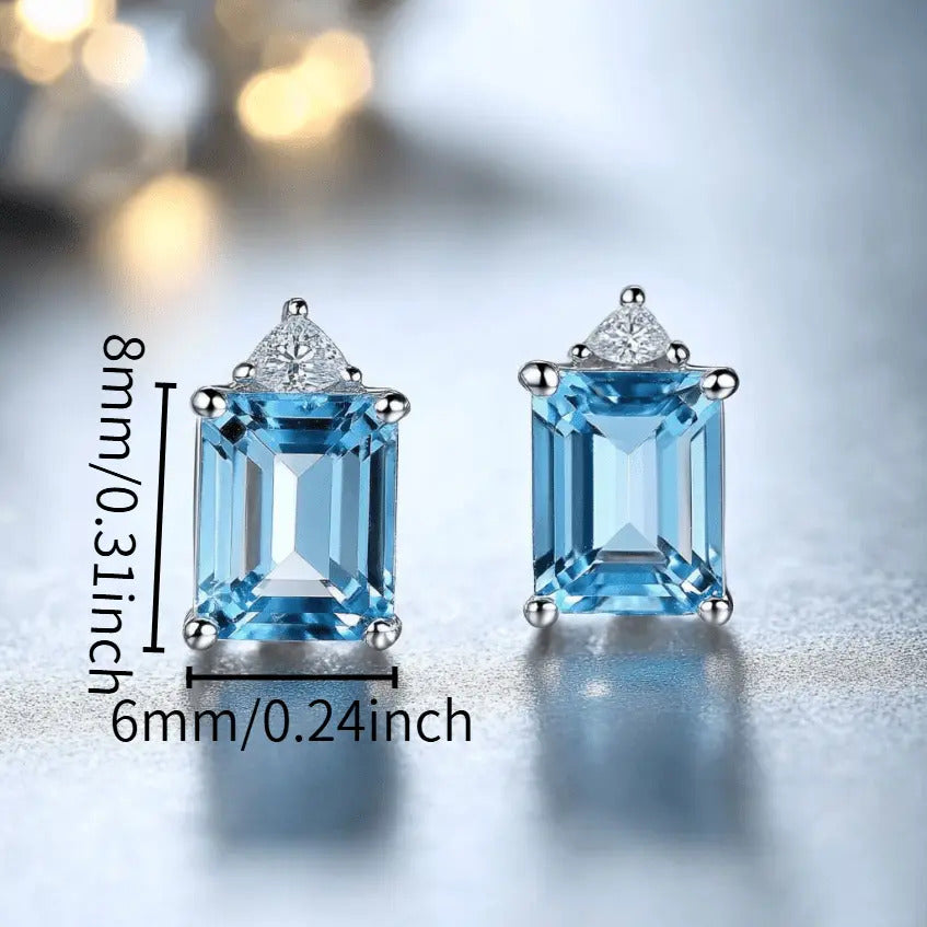 925 Sterling Silver Natural Blue Topaz Earrings Emerald Cut 6x8mm Gemstone Stud Earrings for Women Dainty Y2K Style Crystal Inlay Jewelry Daily Wear Vacation Gift