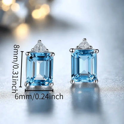 925 Sterling Silver Natural Blue Topaz Earrings Emerald Cut 6x8mm Gemstone Stud Earrings for Women Dainty Y2K Style Crystal Inlay Jewelry Daily Wear Vacation Gift