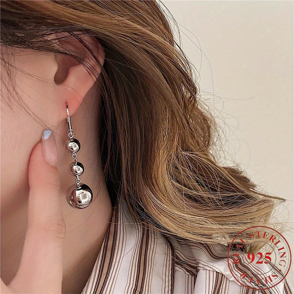 S925 Sterling Silver Triple Ball Drop Dangle Earrings for Women – Retro French Long Design, Elegant Vintage Style, Gold & Silver Tone