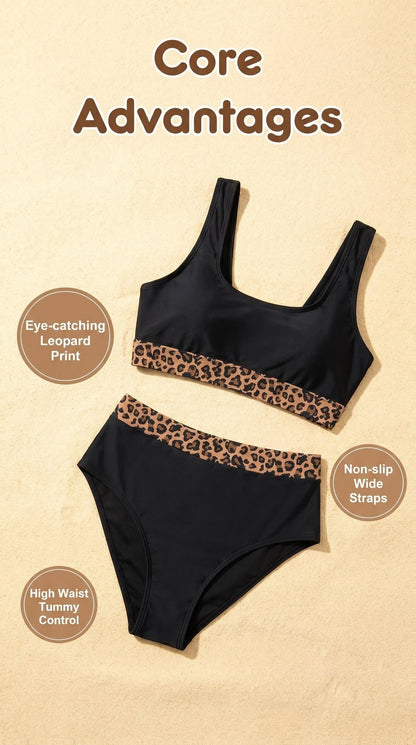 Women's High-Waisted Bikini Set Leopard Print Color Block Crop Top Square Neckline Retro Sexy 2-Piece Bathing Suit Slimming Swimwear for Beach Pool Vacation S-XL