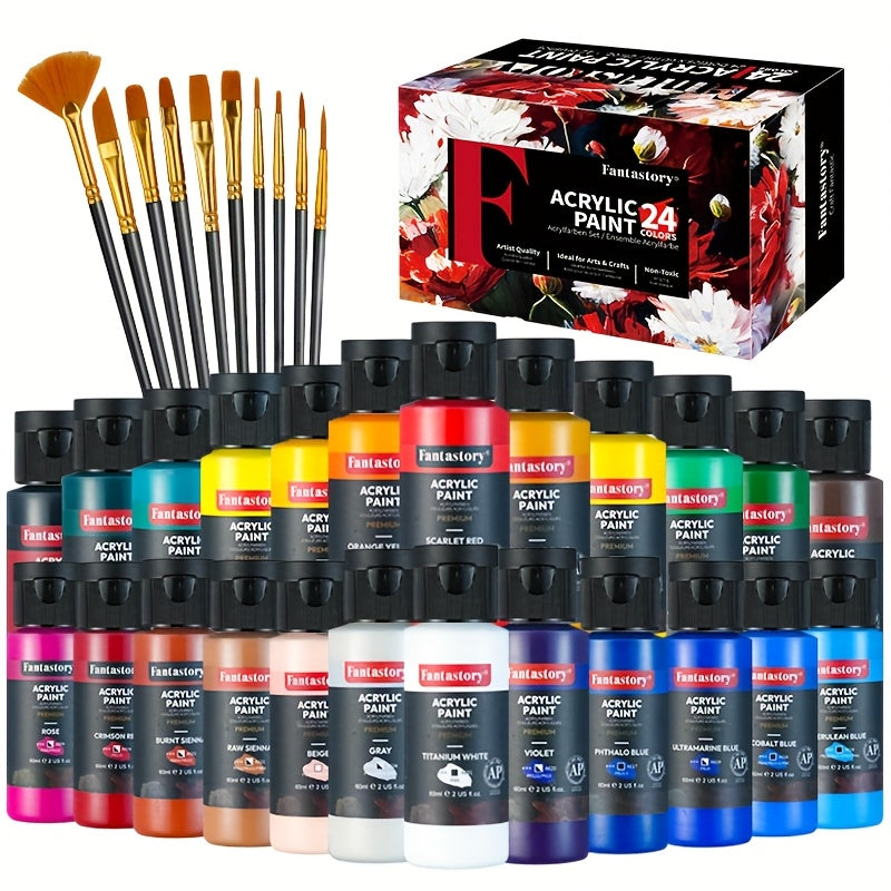 Professional Acrylic Paint Set 24 Colors 2oz/60ml Large Volume with 12 Brushes – Rich Pigment Thick Acrylic Paints for Canvas, Wood, Rock, Glass & Ceramic – Art Supplies for Beginners & Artists