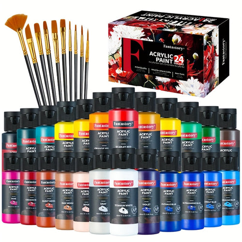 Professional Acrylic Paint Set 24 Colors 2oz/60ml Large Volume with 12 Brushes – Rich Pigment Thick Acrylic Paints for Canvas, Wood, Rock, Glass & Ceramic – Art Supplies for Beginners & Artists