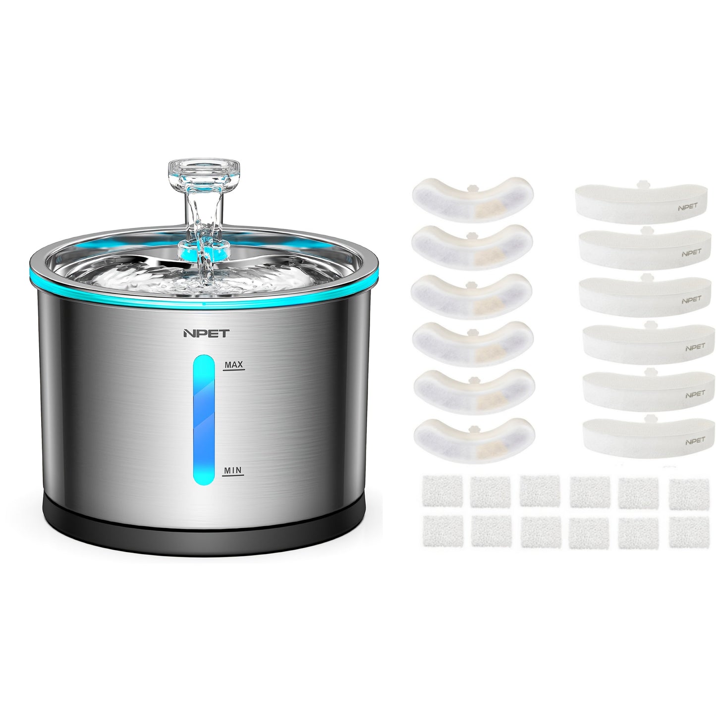 NPET WF210 Stainless Steel Cat Water Fountain 50oz – Ultra Quiet Automatic Pet Water Dispenser with LED Light, Visible Water Window & Dishwasher Safe 304 Steel, Optional Filter Bundles for Cats Dogs