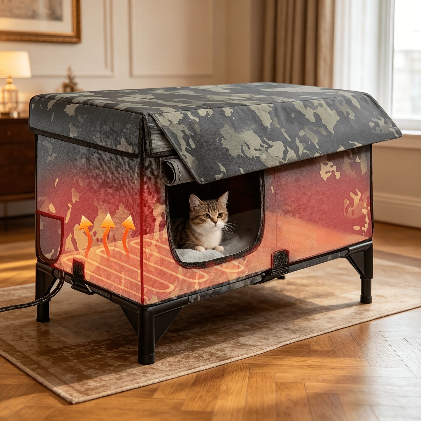 3-in-1 Heated Cat House with Removable Warming Pad & Elevated Bed – Chew-Resistant Cord, Double Door, All-Season Indoor Outdoor Cat Shelter Cave Condo for Cats Kittens & Small Dogs