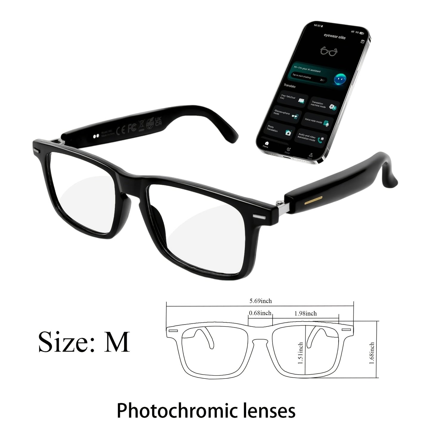 AI Smart Glasses with Real-Time 160-Language Translation, GPT Chat Assistant, Bluetooth 5.2 Audio, Hands-Free Calling, Music Playback, Photochromic & Anti-Blue Light Lenses – Unisex Wearable Tech