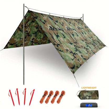 Outdoor Camping Tarp Canopy with UV Protection & Alloy Bracket – Portable Foldable 4-Person Shelter for Backpacking, Hiking, Garden & Outdoor Survival | All-Season Camping Awning