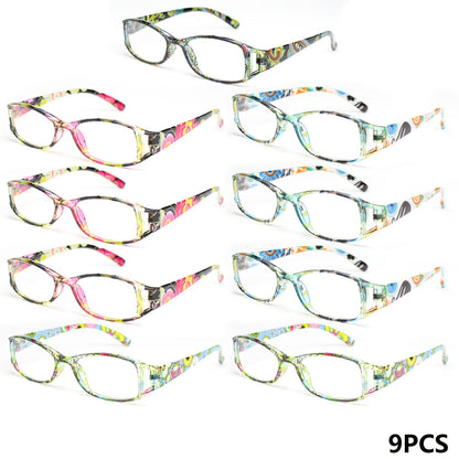 9-Pack Floral Square Frame Fashion Reading Glasses – Unisex Hollow Design, Wide Temple, Classic Color Mix, Strengths +1.0 to +4.0, Bulk Multi-Pack Readers for Women & Men