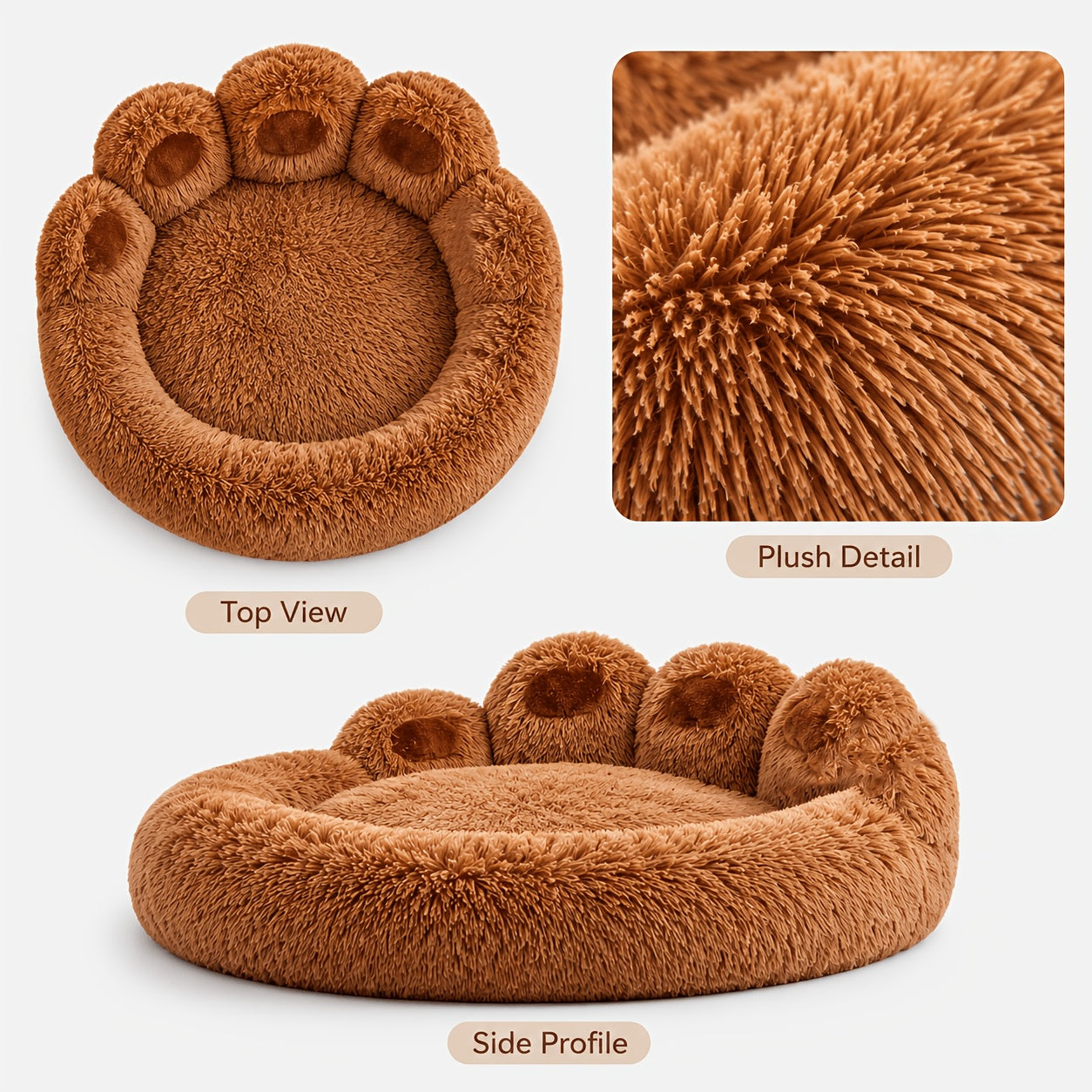Bear Paw Plush Round Pet Bed for Dogs & Cats – Soft Calming Dog Bed, Non-Slip Cat Bed, Warm Cozy Puppy Bed, Small Medium Large, 20/24/28/36 Inch, Coffee/Pink/Gray
