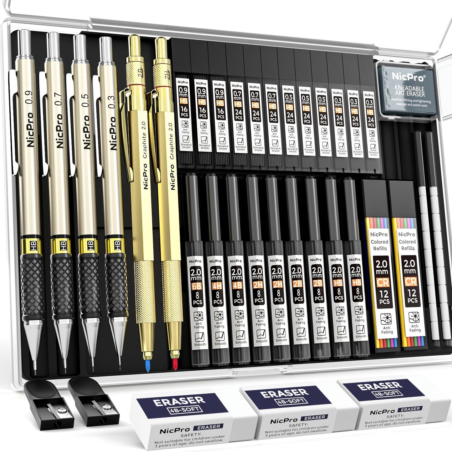 34-Piece Art Mechanical Pencil Set with Case 6 Metal Drafting Pencils 0.5mm 0.7mm 0.9mm 2mm Lead Tips 19 Refill Leads Erasers for Sketching Drawing Artists