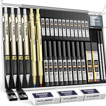 34-Piece Art Mechanical Pencil Set with Case 6 Metal Drafting Pencils 0.5mm 0.7mm 0.9mm 2mm Lead Tips 19 Refill Leads Erasers for Sketching Drawing Artists
