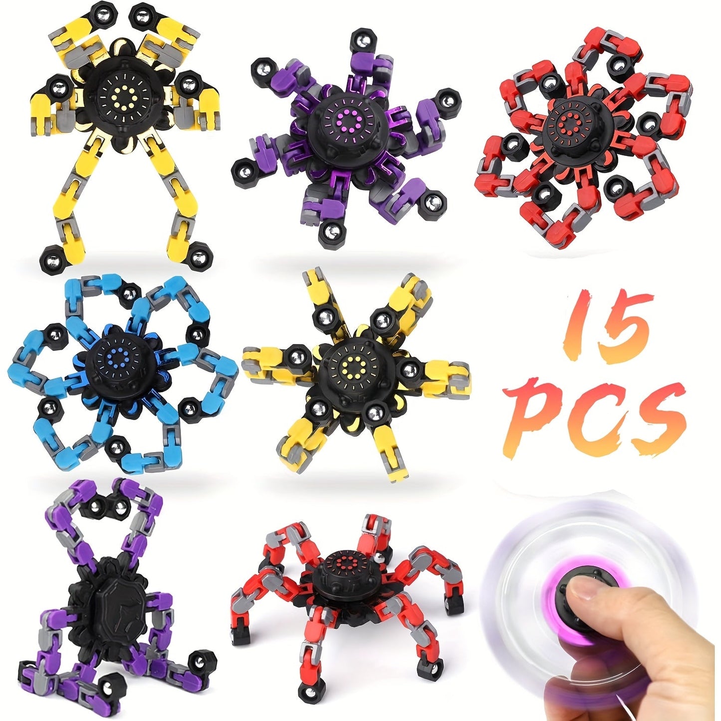 Bulk Fidget Spinners 10 or 15 Pack Assorted Robot Mechanical Gyro Fingertip Stress Relief Toys Standard and Luminous Editions Party Favors Classroom Rewards Kids and Adults