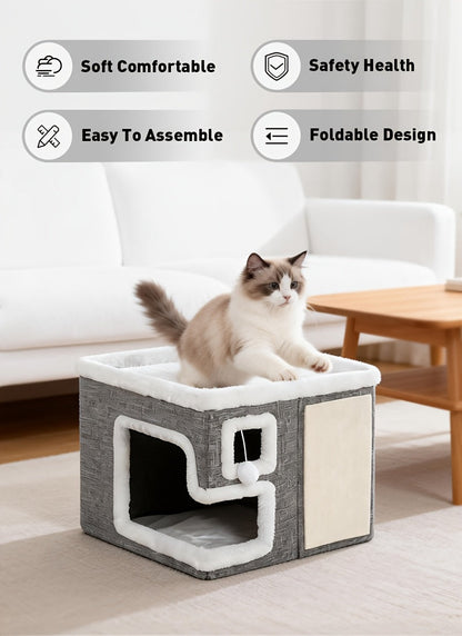 3-in-1 Cat House Indoor Condo – Luxury Wooden Ottoman Style Cat Bed Sleep Play & Scratch, Multi-Cat Friendly Large Cat Cave Hideaway Cube Furniture, Light Gray Standard & Large