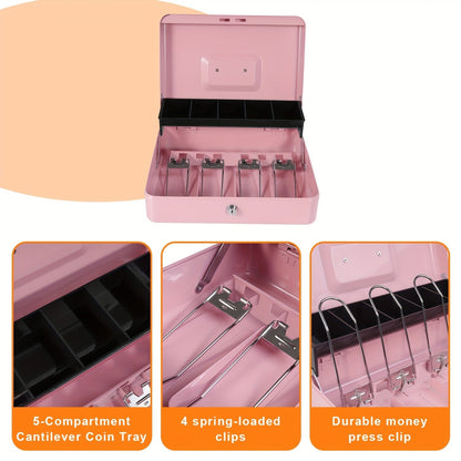 Large Locking Cash Box with Money Tray – Metal Security Box with 6 Accessories for Cash Register, Home, Office & Business, 6 Colors, Key Lock & Combination Lock Options